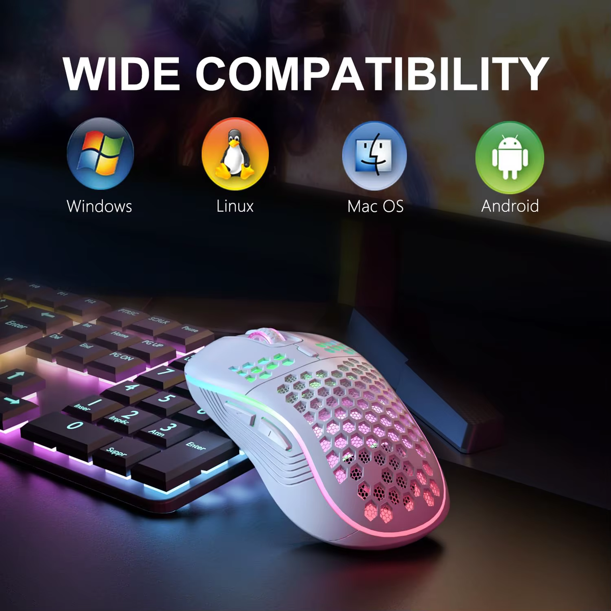 2.4G Wireless Mouse with RGB Backlit 6-Button 3-Speed DPI Type C Rechargeable Ergonomic Honeycomb Design Gaming Mouse